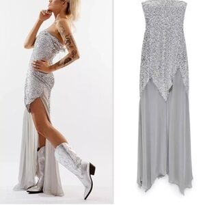 Zara x Barbie Silver Strapless Matte Sequin  Maxi Gown